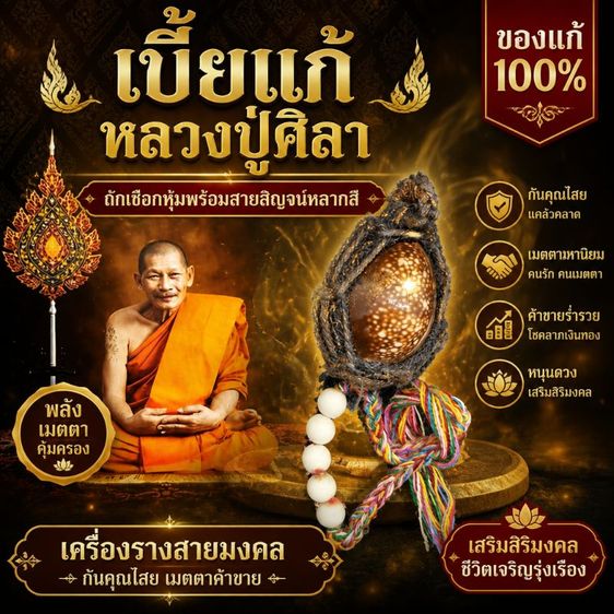 เบี้ยแก้ หลวงปู่ศิลา สิริจันโท ของแท้ 100% ถักเชือกหุ้มพร้อมสายสิญจน์หลากสี เสริมดวง โชคลาภ กันคุณไสย เมตตาค้าขาย