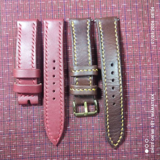 สายนาฬิกาหนังแท้ฟอกฝาดอิตาลี Handmade ขนาดหู 20 มม. ปลายสาย 18 มม. เย็บมือ ซับหนังแพะ มีสีน้ำตาลกับน้ำตาลออกม่วง