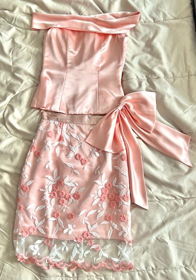 อื่นๆ อื่นๆ EU 34 ชมพู แขนสั้น ชุดเซทเสื้อเปิดไหล่+กระโปรงไปงาน สีโอรส