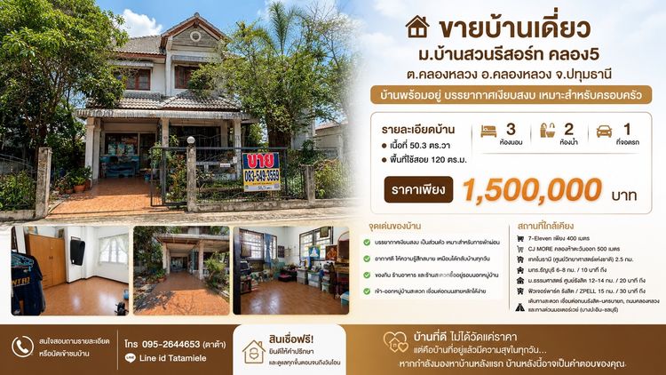 ขายบ้านเดี่ยว หมู่บ้านสวนรีสอร์ท คลองห้า คลองหลวง ปทุมธานี 50ตร.วา