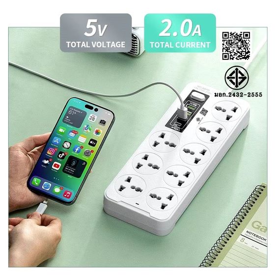 2300W ปลั๊กไฟ ทางพร้อมพอร์ต USB+PD 3 ช่อง ปลั๊กไฟ 8 ทาง ซ็อกเก็ตขยาย USB ซ็อกเก็ตไฟ 2 ทาง ปลั๊กไฟ 3m/5m/8m มอก.2432-2555 รูปที่ 5