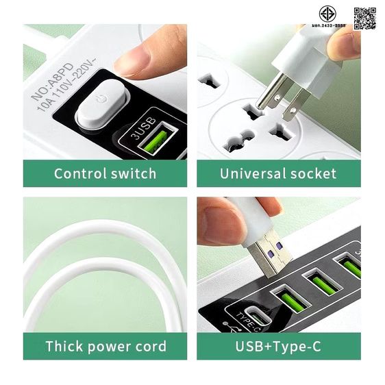 2300W ปลั๊กไฟ ทางพร้อมพอร์ต USB+PD 3 ช่อง ปลั๊กไฟ 8 ทาง ซ็อกเก็ตขยาย USB ซ็อกเก็ตไฟ 2 ทาง ปลั๊กไฟ 3m/5m/8m มอก.2432-2555 รูปที่ 7