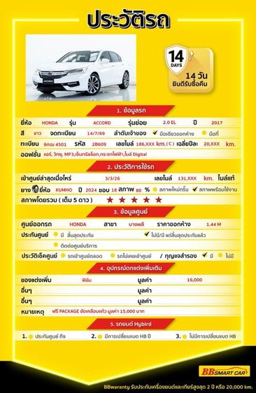 Honda Accord 2017 2.0 EL Sedan เบนซิน ไม่ติดแก๊ส เกียร์อัตโนมัติ ขาว รูปที่ 2