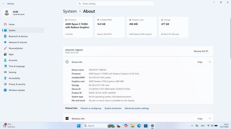 ขาย โน็ตบุ๊ค  Acer Aspire Lite 15 Ryen5 7430U M.2 512GB Ram 16GB จอ15.6 Full HD วินโดว์แท้ ราคา12,900บาท มีประกันจากศูนย์ รูปที่ 13