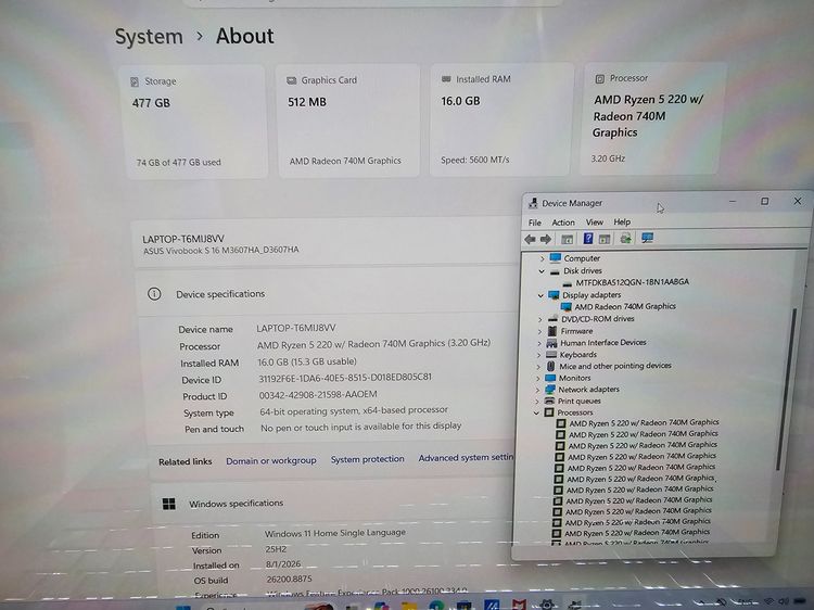 VivoBook S16 Oled Ryzen5 220+ Readeon 740M+Ram16ddr5+ssd512 เครื่องสวย เครื่อง 1 เดือน รูปที่ 7