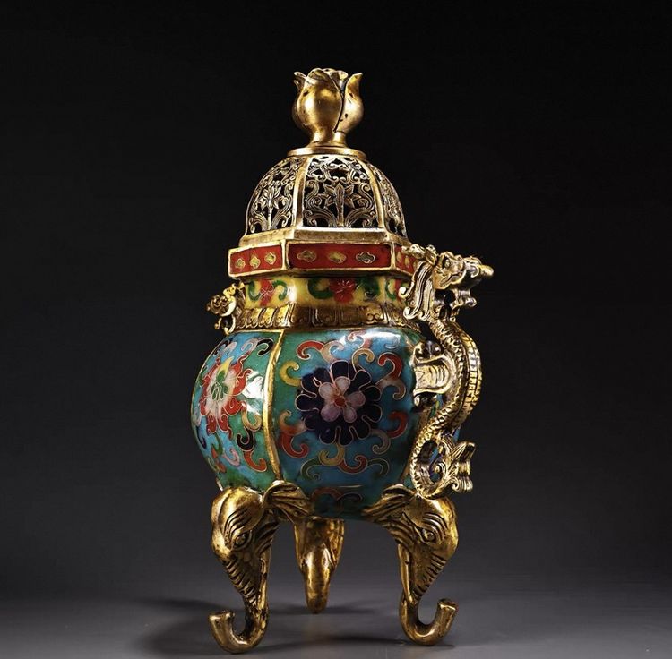 ✨กระถางธูปหรือกระถางกำยานทองเหลืองงานถมปัด (Cloisonné) ศิลปะจีนโบราณ