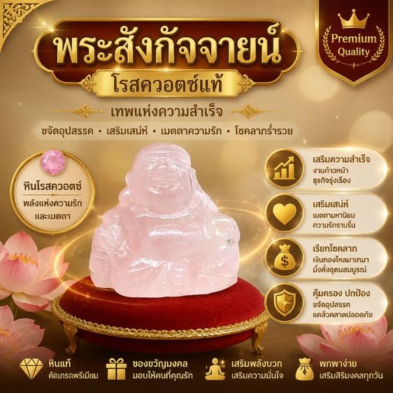 พระสังกัจจายน์แกะสลัก หินโรสควอตซ์แท้ สีชมพูละมุนตา เทพแห่งความสำเร็จ ขจัดอุปสรรค เสริมเสน่ห์ เมตตาความรัก โชคลาภร่ำรวย