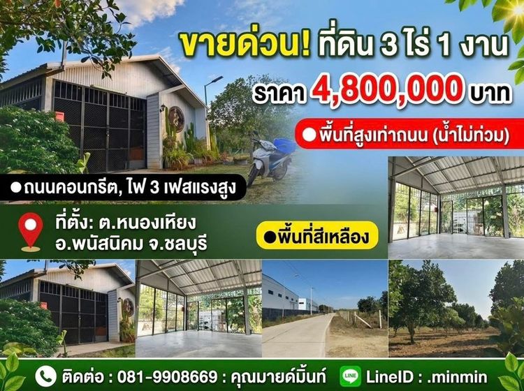 ที่ดิน 3 ไร่ 1 งาน ที่ดินสวนพร้อมสิ่งปลูกสร้าง พื้นที่สีเหลือง พนัสนิคม ชลบุรี