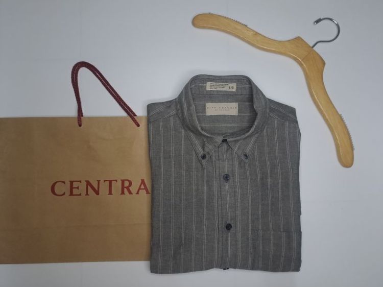 เสื้อเชิ้ตแขนสั้นลายทางแนวตั้ง (Pinstripe) สีเทาเข้ม แบรนด์ City Casual‼️ รูปที่ 5