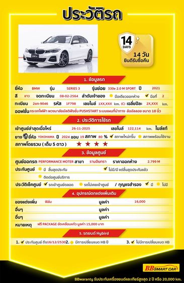 BMW Series 3 2021 330e Sedan ปลั๊กอินไฮบริด (PHEV) ไม่ติดแก๊ส เกียร์อัตโนมัติ ขาว รูปที่ 2