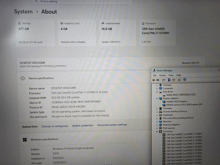 TUF 17.3"  Intel i7-12700H+ RTX3050+Ram16+ FHD IPS+เครื่องสวย  รูปที่ 7