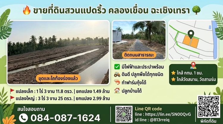 ขายที่ดินแปดริ้ว คลองเขื่อน ฉะเชิงเทรา