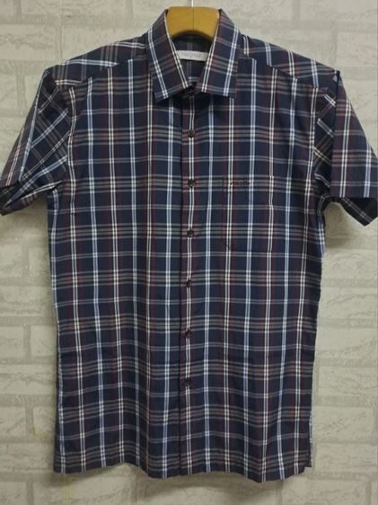 เสื้อเชิ้ตแขนสั้นลายสก๊อต (สีน้ำเงินเข้มตัดเส้นริ้วสีแดงและขาว) แบรนด์ VOSLENZA‼️ รูปที่ 4