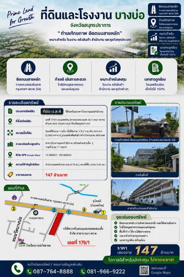 ขายด่วน ที่ดินพร้อมอาคารโรงงานและสำนักงาน 5 ไร่เศษ ทำเลทองติดถนนเทพรัตน (บางนา-ตราด กม.34) บางบ่อ สมุทรปราการ