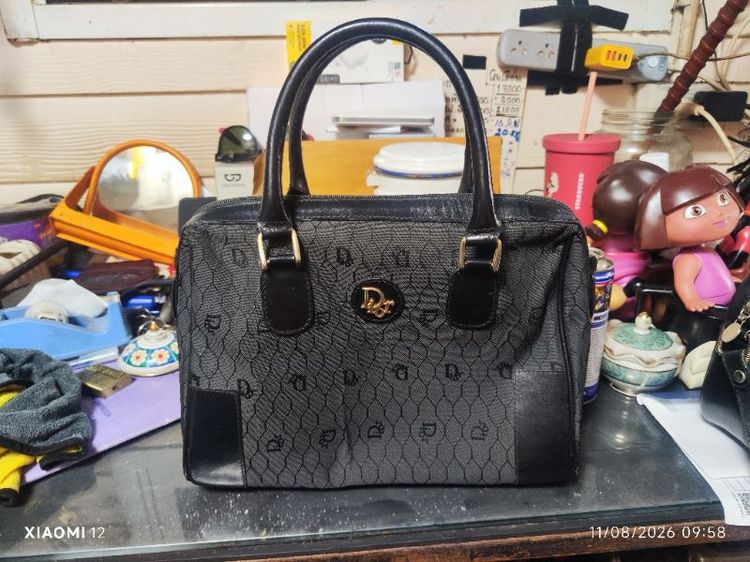 ผ้า หญิง ดำ กระเป๋า Dior รุ่นVintage Honeycomb/Trotter Jacquard Top Handle Boston Bag กระเป๋าถือทรงหมอนบอสตันวินเทจ ผลิตปี1980-1990
