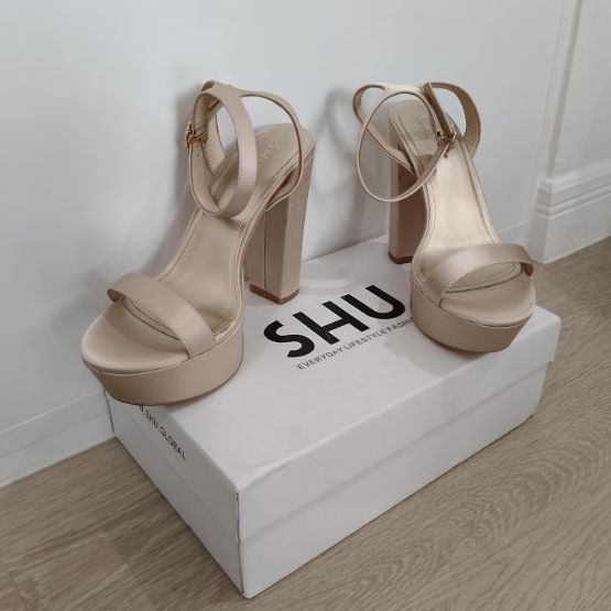 รองเท้าส้นสูง ผ้า UK 6 | EU 39 1/3 | US 7.5 ทอง SHU RISING STARS 4.5" DGB ANKLE STRAP WITH CHUNKY HEELS (GOLD SATIN, 39)