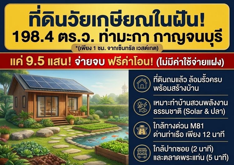 ที่ดินท่ามะกา กาญจนบุรี ใกล้กรุงเทพเพียง 1 ชม. ใกล้แหล่งชุมชน น้ำไฟเข้าถึง สร้างบ้านสวนหลังเกษณียสบายๆ