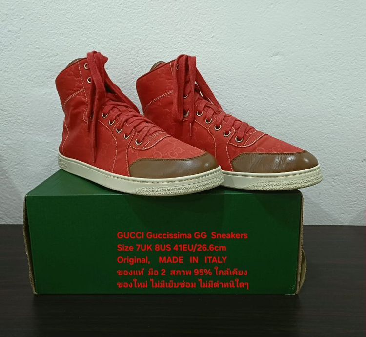 GUCCI Guccissima GG High Top Sneakers, Unisex 7UK 41EU/26.6cm Original MADE IN ITALY ของแท้ มือ 2 ใกล้เคียงของใหม่ ผ้าไนล่อน พื้นเต็ม สวยมาก รูปที่ 4