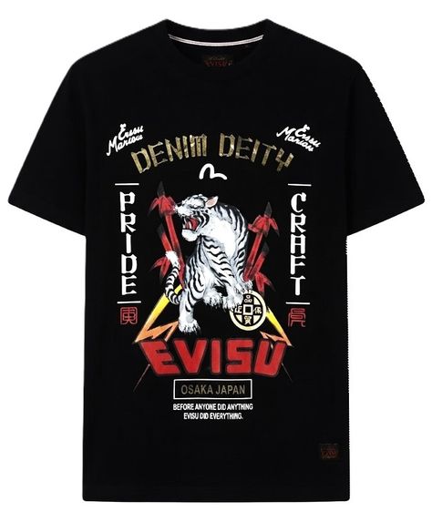 เสื้อทีเชิ้ต EU 40 ดำ แขนสั้น EVISU Heritage “Denim Deity” Tiger Graphic T-Shirt