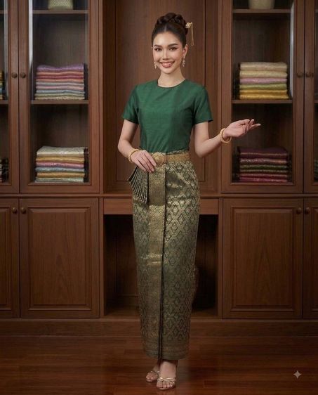 อื่นๆ เดรส | จั๊มสูท ฟรีไซส์ อื่นๆ ชุดไทยประยุกต์ เสื้อคอกลมแขนสั้น พร้อมผ้าถุงสำเร็จรูปพร้อมชายพกผ้าไหมทอดิ้นทอง ชุดออกงาน ชุดทำบุญ
