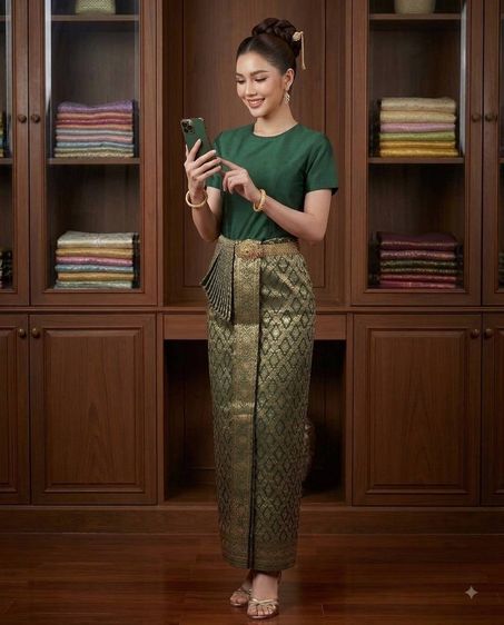 ชุดไทยประยุกต์ เสื้อคอกลมแขนสั้น พร้อมผ้าถุงสำเร็จรูปพร้อมชายพกผ้าไหมทอดิ้นทอง ชุดออกงาน ชุดทำบุญ รูปที่ 2