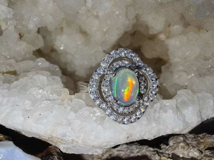 แหวนโอปอ เอธิโอเปีย เงินแท้ 925 Ethiopia Opal 925 Sterling Silver Ring Size 57