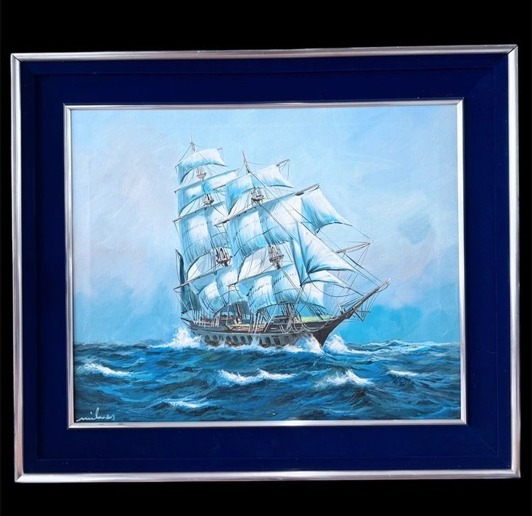 รูปติดผนัง Oil painting of  Sailing Ship Seascape on Canvas , signed by the artist. A classic piece of art for wall decoration.ภาพวาดสีน้ำมันเรือใบในทะเล