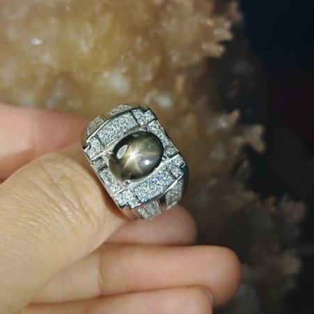 เงิน แหวนสตาร์​แซฟไฟร์​ 6 ขา​ ธรรมชาติ​ Natural Black Star Sapphire 6 Rays 925 Silver
