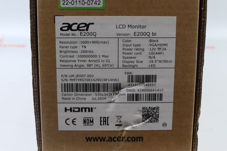 จอ 19" TN HD 75Hz Acer E200QBI มือ 1 รูปที่ 7