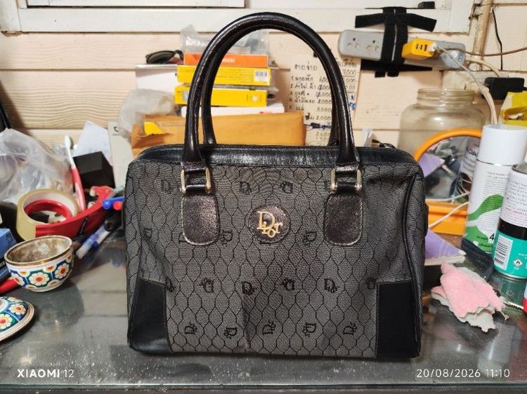 ผ้า หญิง ดำ กระเป๋าDior รุ่นVintage Honeycomb/Trotter Jacquard Top Handle Boston Bag กระเป๋าถือทรงหมอนบอสตันวินเทจ ผลิตปี1980-1990