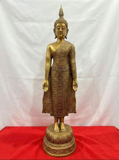 พระพุทธรูป ปางเปิดโลก วัดหน้าพระเมรุ ปี2548 เนื้อทองเหลือง สูง23.5นิ้ว ฐานกว้าง 6นิ้ว