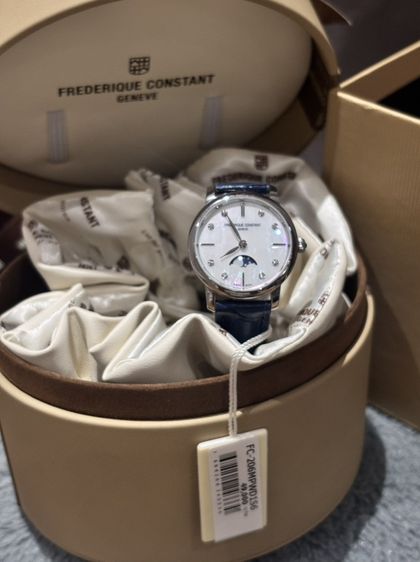 น้ำเงิน Used Like New Frederique Constant นาฬิกาข้อมือผู้หญิง Quartz FC-206MPWD1S6 Classics Moonphase Diamonds Slimline Ladies Watch