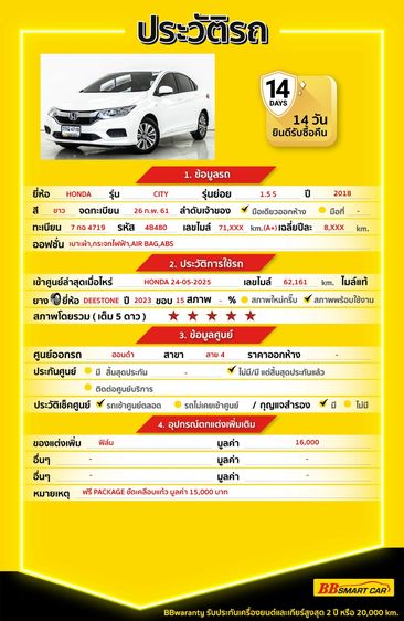 Honda City 2018 1.5 S Sedan เบนซิน ไม่ติดแก๊ส เกียร์อัตโนมัติ ขาว รูปที่ 2