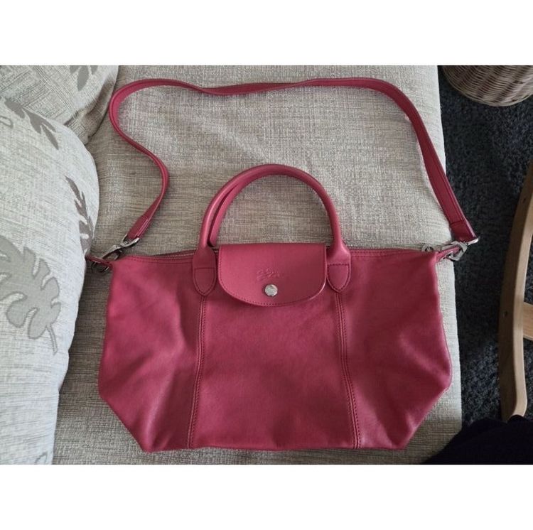 หนังแท้ หญิง ชมพู Longchamp Le Pliage Cuir สี Cyclamen Pink Size S แท้ 100%
