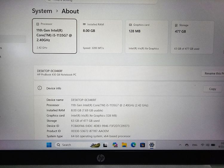 HP ProBook 430 G8 i5-1135G7+ Ram 8GB+13.3 FHD+SSD512 เครื่องสวย พร้อมใช้ รูปที่ 8