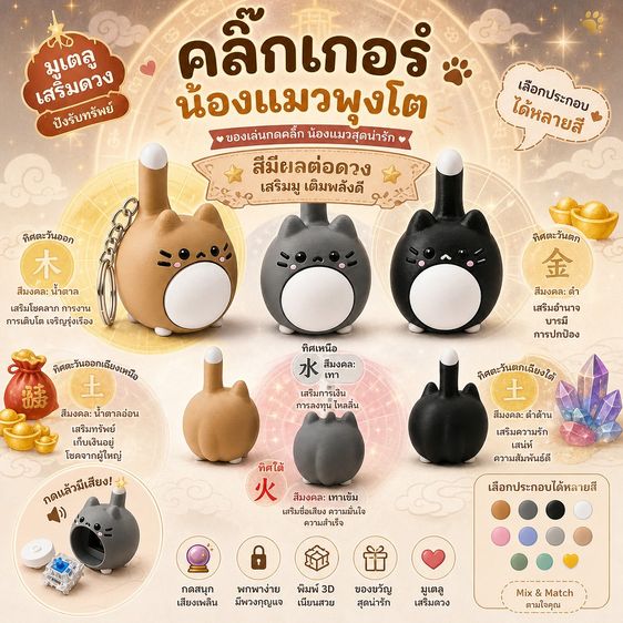 อื่นๆ คลิ๊กเกอร์แมวพุงโต มูเตลูเสริมดวง พวงกุญแจคีย์แคปสายมู ของเล่นคลายเครียด กดมีเสียง เสริมโชคลาภ งาน ความรัก การเรียน (3D Print)