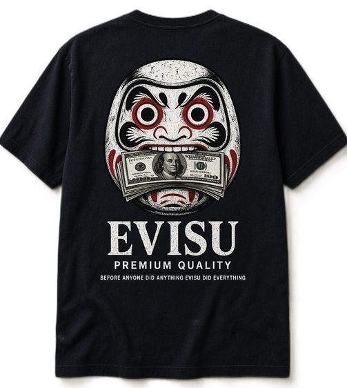 "EVISU Heritage Daruma Dollar Biting Black Print T-Shirt Premium Quality รูปที่ 8