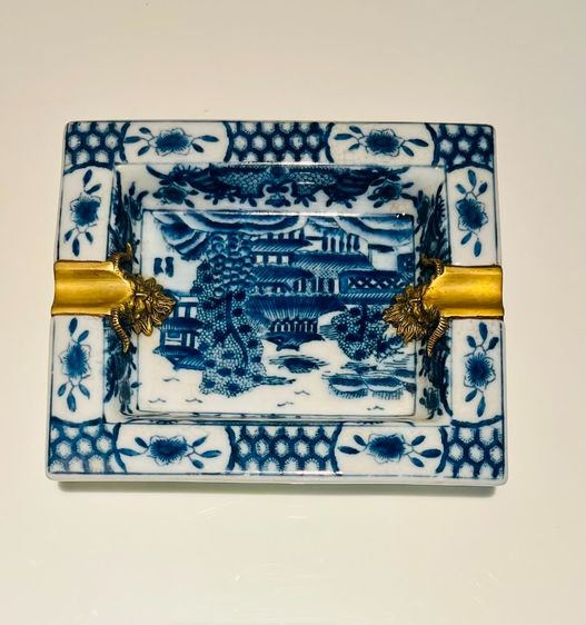 Vintage Blue White Porcelain Ashtray with Gilt Metal MountsH0tel de Paris MonteCarlo Provenance