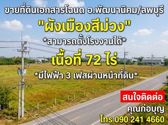 ขายที่ดินผังเมืองสีม่วง 25 และ 72ไร่ อ.พัฒนานิคม ลพบุรี เหมาะสร้างโรงงาน พร้อมไฟฟ้า 3 เฟส