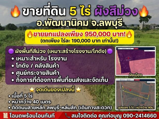 ไร่ละ1.9แสน ที่ดินผังสีม่วง เอกสารโฉนด 5 ไร่ หน้ากว้าง 40 ม. พัฒนานิคม จ.ลพบุรี