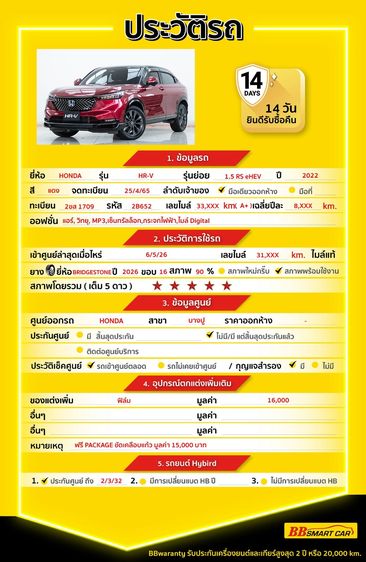 Honda HR-V 2022 1.5 e:HEV RS Utility-car ไฮบริด ไม่ติดแก๊ส เกียร์อัตโนมัติ แดง รูปที่ 2