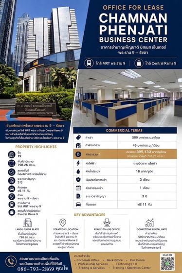 ออฟฟิศปล่อยเช่า ใกล้MRT พระราม9 สภาพดี ติดถนนใหญ่