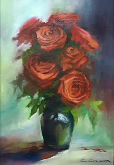 ภาพวาดสีน้ำมันบนผืนผ้าใบ(Oil Painting on Canvas) ชื่อภาพ"กุหลาบแดง" ขนาด กว้าง×สูง 49.3×69.5cm เป็นภาพวาดจริงต้นฉบับรวมกรอบ ไม่มีตำหนิใดๆ รูปที่ 4