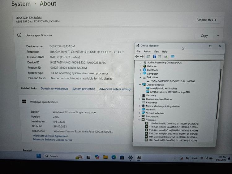 Asus TUF i5-11300H+ RTX 3060+Ram16G+ FHD IPS 144Hz เครื่องดี ใช้งานปกติ รูปที่ 7