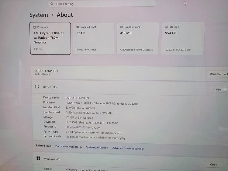 ACER SWIFT Edge16 Ryzen7 8840u+Oled 3.2k +RAM 32ddr5+ssd 1Tb เครื่องสวย บางเบา  รูปที่ 8
