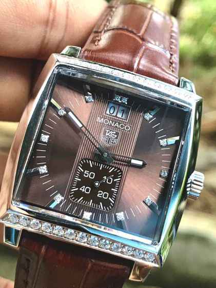 น้ำตาล Tag Heuer Monaco Quartz  Full Diamond Brown Sunray Dial WAW1316 🇨🇭🇨🇭