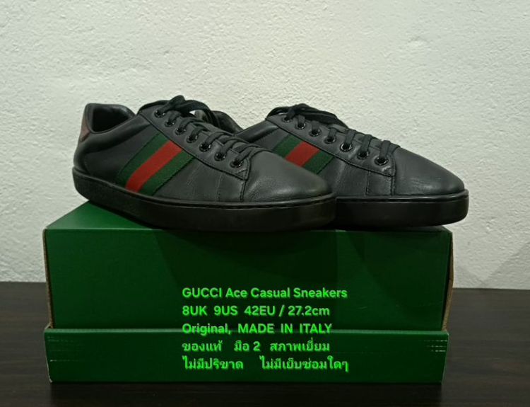 GUCCI Ace Casual Sneakers, Unisex 8UK 42EU/27.2cm Original MADE IN ITALY ของแท้ มือ 2 สภาพเยี่ยม หนังแท้ พื้นเต็ม มีรอยที่ผ้าเว็บเล็กน้อย รูปที่ 4