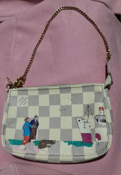 หนังแท้ หญิง ขาว กระเป๋า Louis Vuitton Limited Edition Damier Azur Illustre Transatlantic Mini Pochette Accessoires