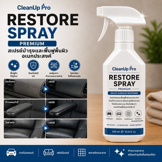 สเปรย์ทำความสะอาดพร้อมบำรุงและฟื้นฟูพื้นผิว (CleanUp Pro RESTORE SPRAY PREMIUM) รูปที่ 5