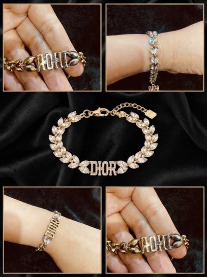 โลหะ Sold out สร้อยข้อมือแบรนด์เนม used Dior แท้ (งาน Modify จากโช้คเกอร์วินเทจ) ดีไซน์ลายใบไม้ฝังคริสตัล งานสวยหรู ยาว 18.5 ซม. ราคาเบาๆ รวมส่ง